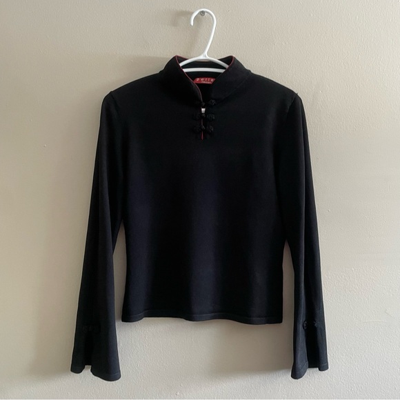 Vintage 90s Dalia Black Mandarin Collar Sweater w Red Trim Details & Bell Sleeve - Picture 4 of 16